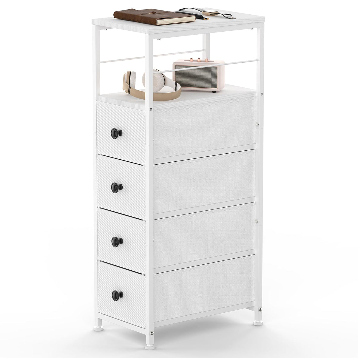 White Narrow Dresser with 4 Fabric Drawers W709