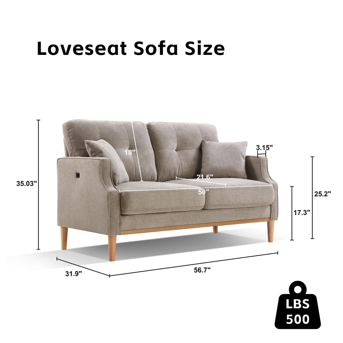 Light Grey Fabric Upholstered 2-Seat Loveseat Sofa with USB Port Z366888