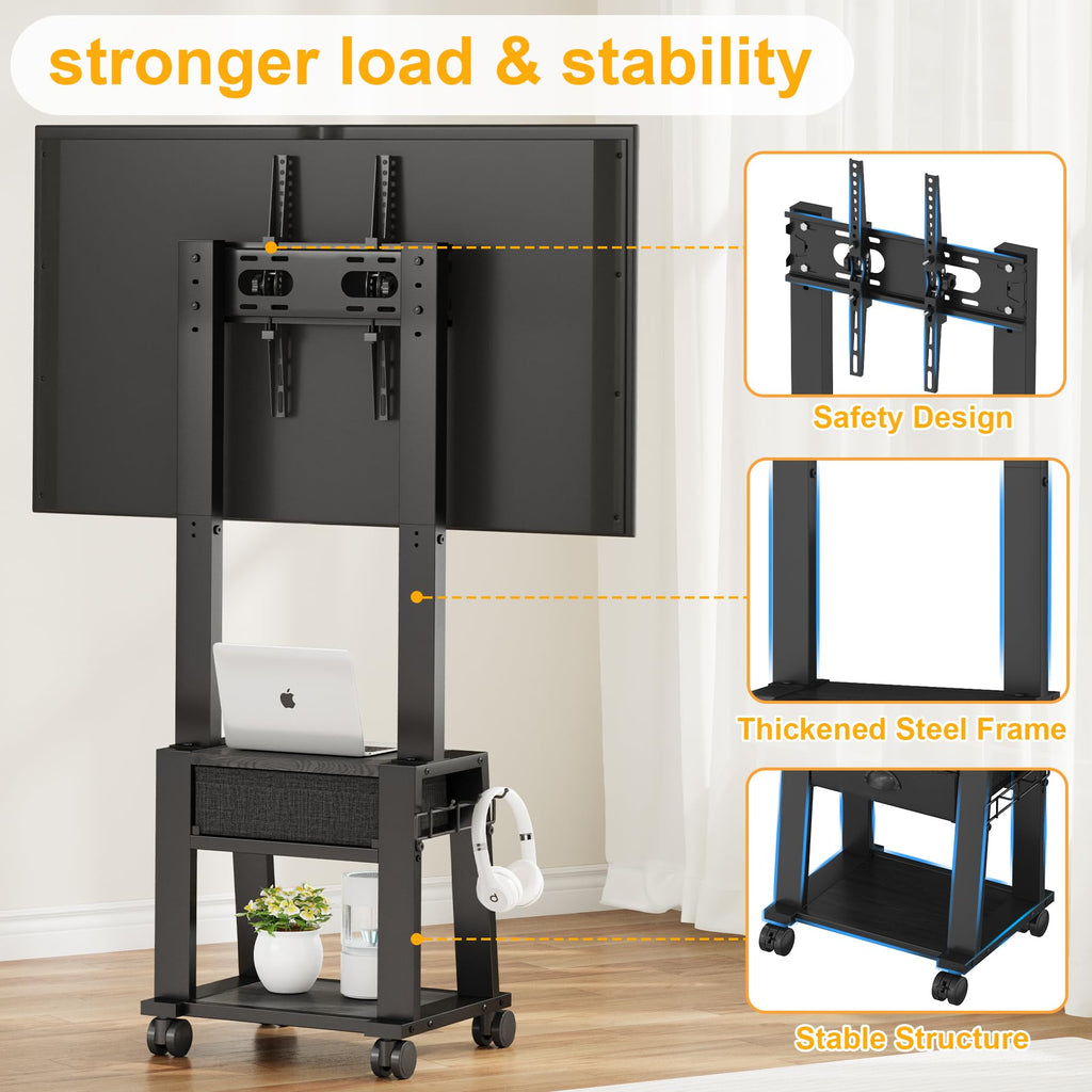 Rolling TV Stand with Storage for 23-60 Inch TVs, Height Adjustable Tilt Mobile TV Mount Cart with Drawer & 2 Shelves T9978