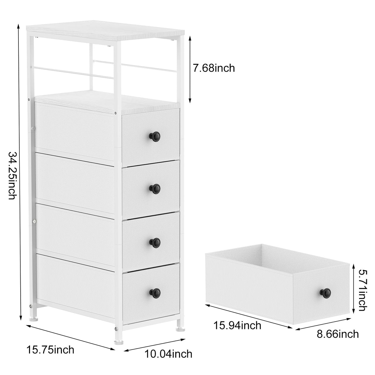 White Narrow Dresser with 4 Fabric Drawers W709