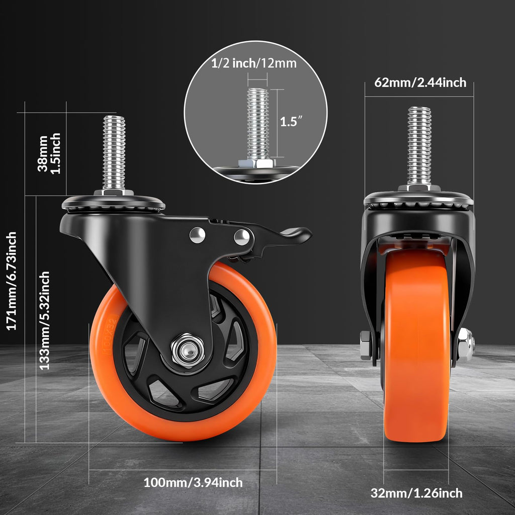 4 Inch Threaded Stem Caster Wheels Set of 4 with Brake Q2020