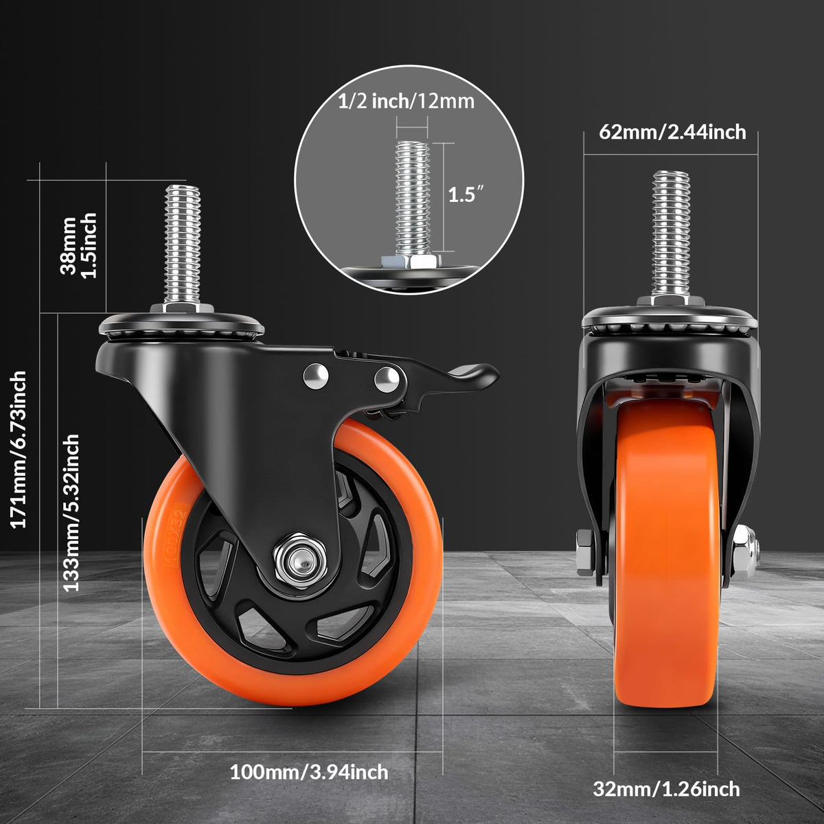 4 Inch Threaded Stem Caster Wheels Set of 4 with Brake Q2020