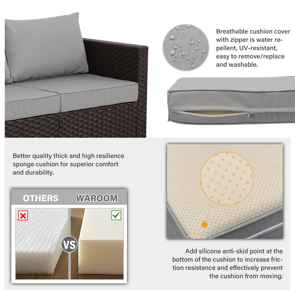 Brown Wicker 3-Seat Outdoor Sofa with Grey Cushion T876890