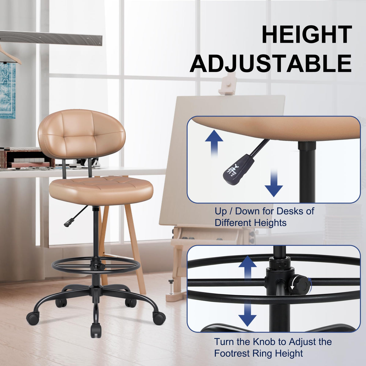 Brown Faux Leather Drafting Chair with Footrest Ring A66302