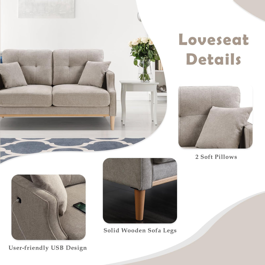 Light Grey Fabric Upholstered 2-Seat Loveseat Sofa with USB Port Z366888