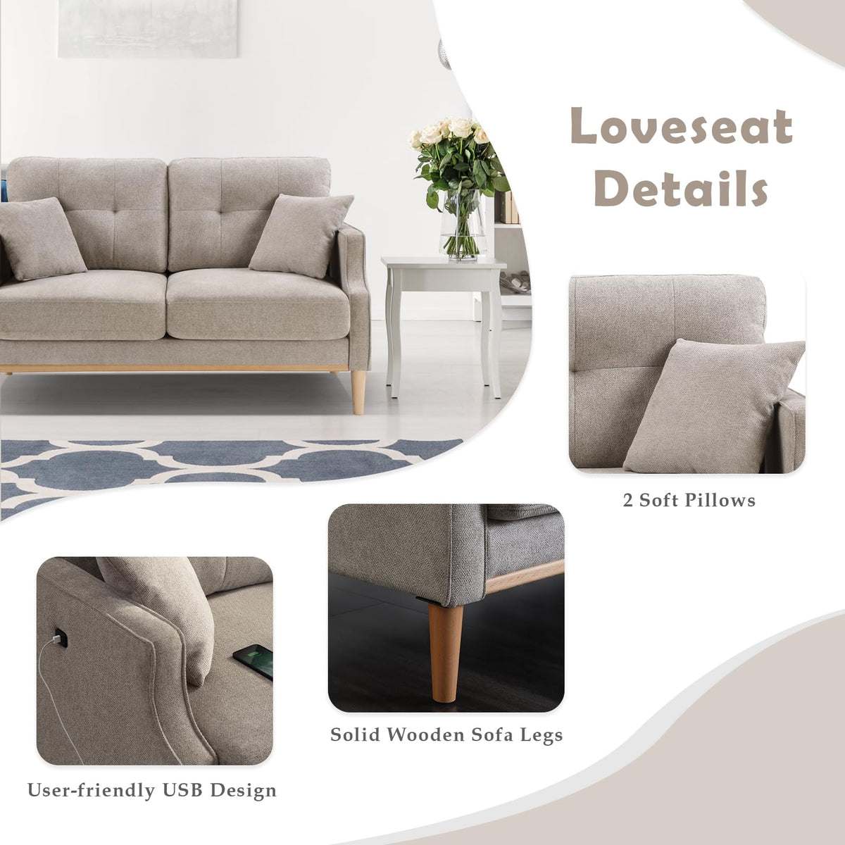 Light Grey Fabric Upholstered 2-Seat Loveseat Sofa with USB Port Z366888