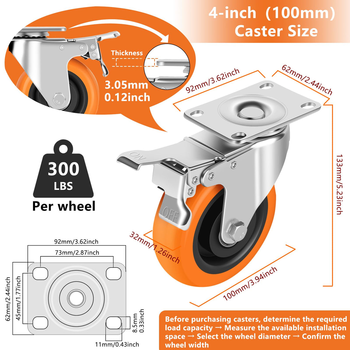 4" Heavy Duty Swivel Caster Wheels Set of 4 with Dual Locking V5622