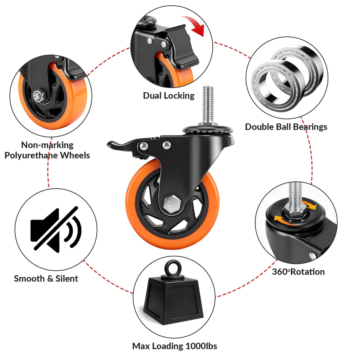 4 Inch Threaded Stem Caster Wheels Set of 4 with Brake Q2020