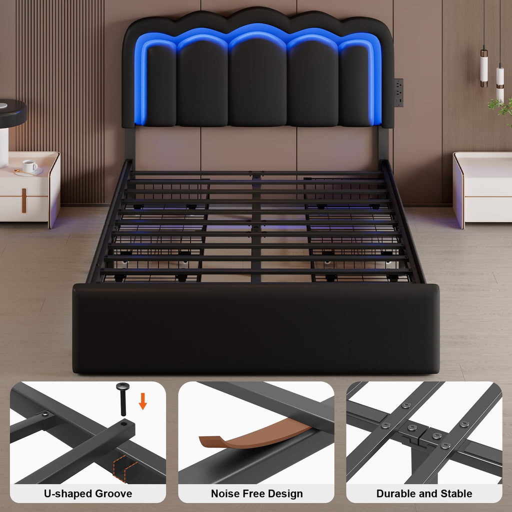 Full Size Bed Frame with LED Lights and Storage Drawers, Black T974