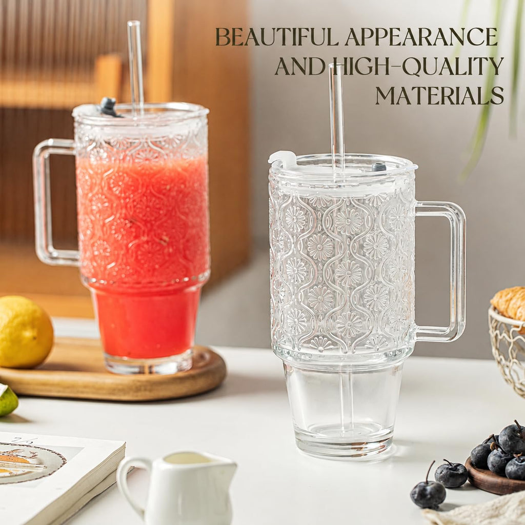 24 Oz Ribbed Glass Tumblers with Lids and Straws Q344