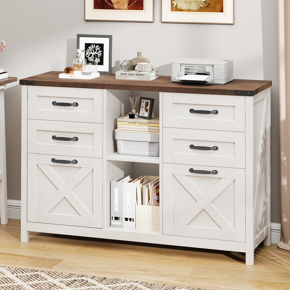 White and Brown 6 Drawer File Cabinet I2755