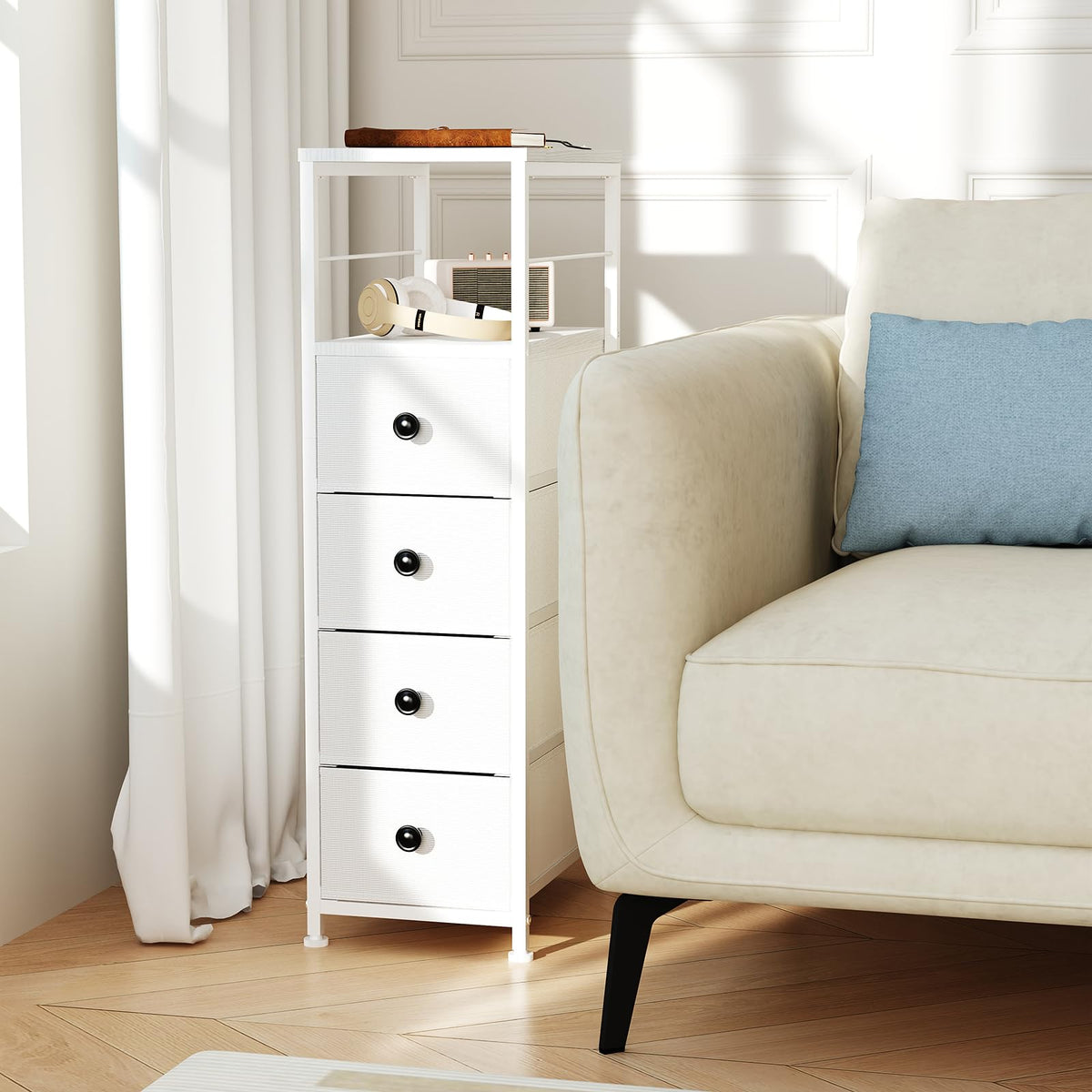 White Narrow Dresser with 4 Fabric Drawers W709
