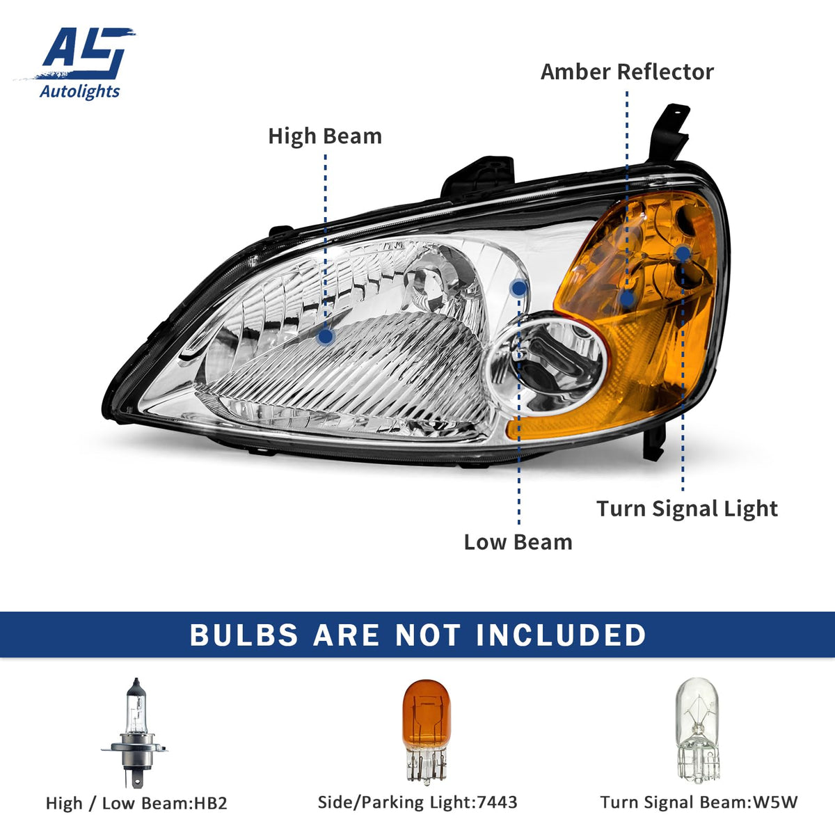Headlight Assembly with Chrome Housing Amber Reflector Driver and Passenger Side E848