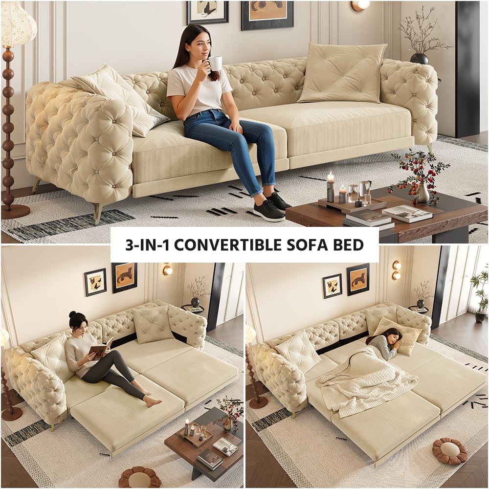 Velvet 3-in-1 Convertible Sleeper Sofa with Movable Ottoman G87098