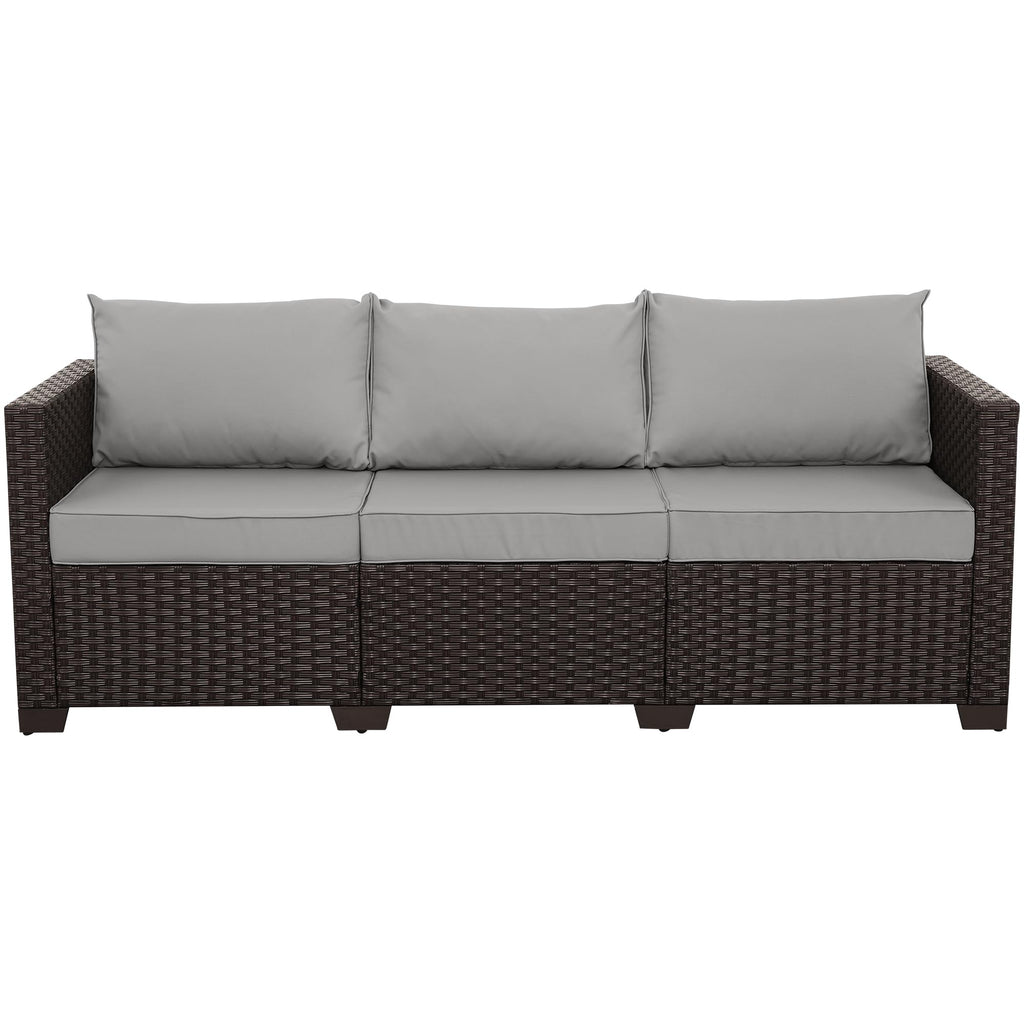 Brown Wicker 3-Seat Outdoor Sofa with Grey Cushion T876890