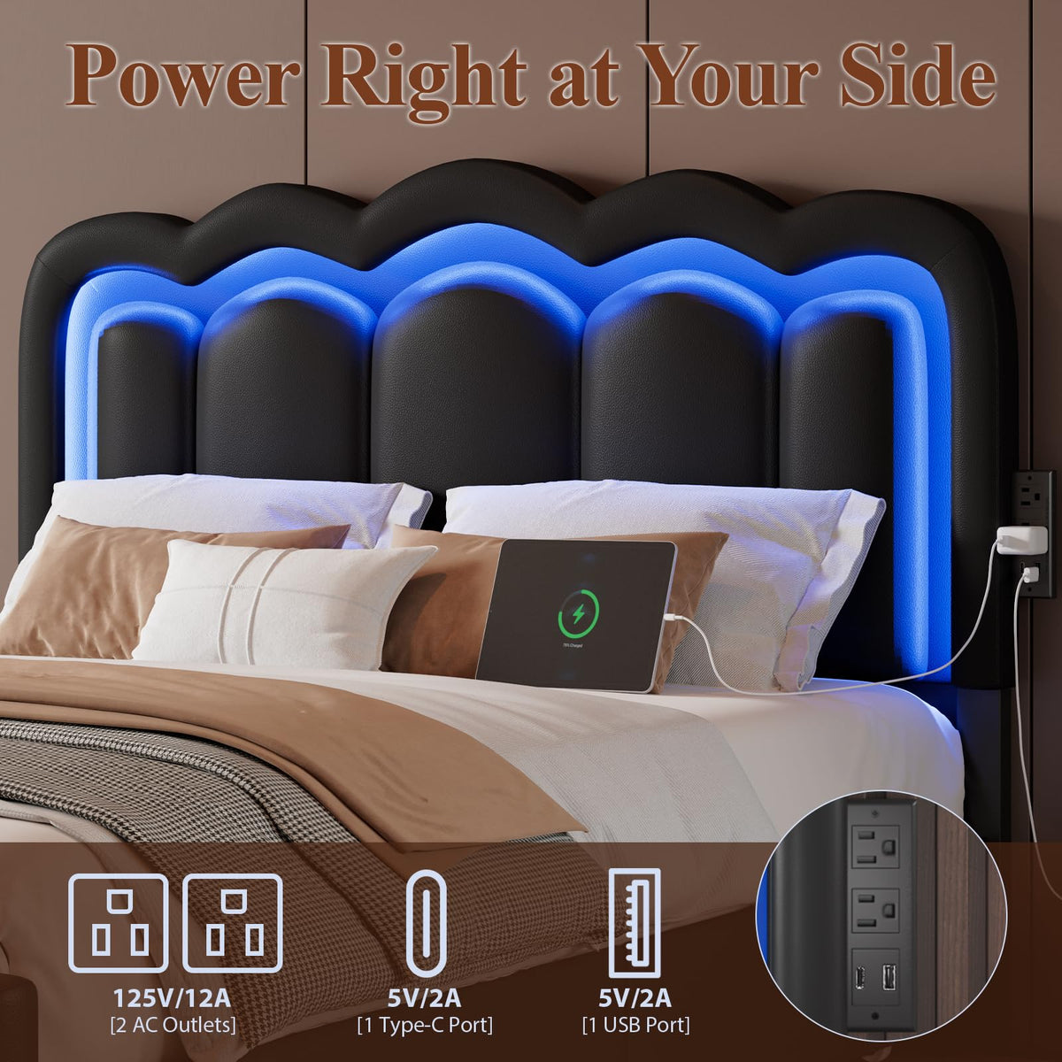 Full Size Bed Frame with LED Lights and Storage Drawers, Black T974