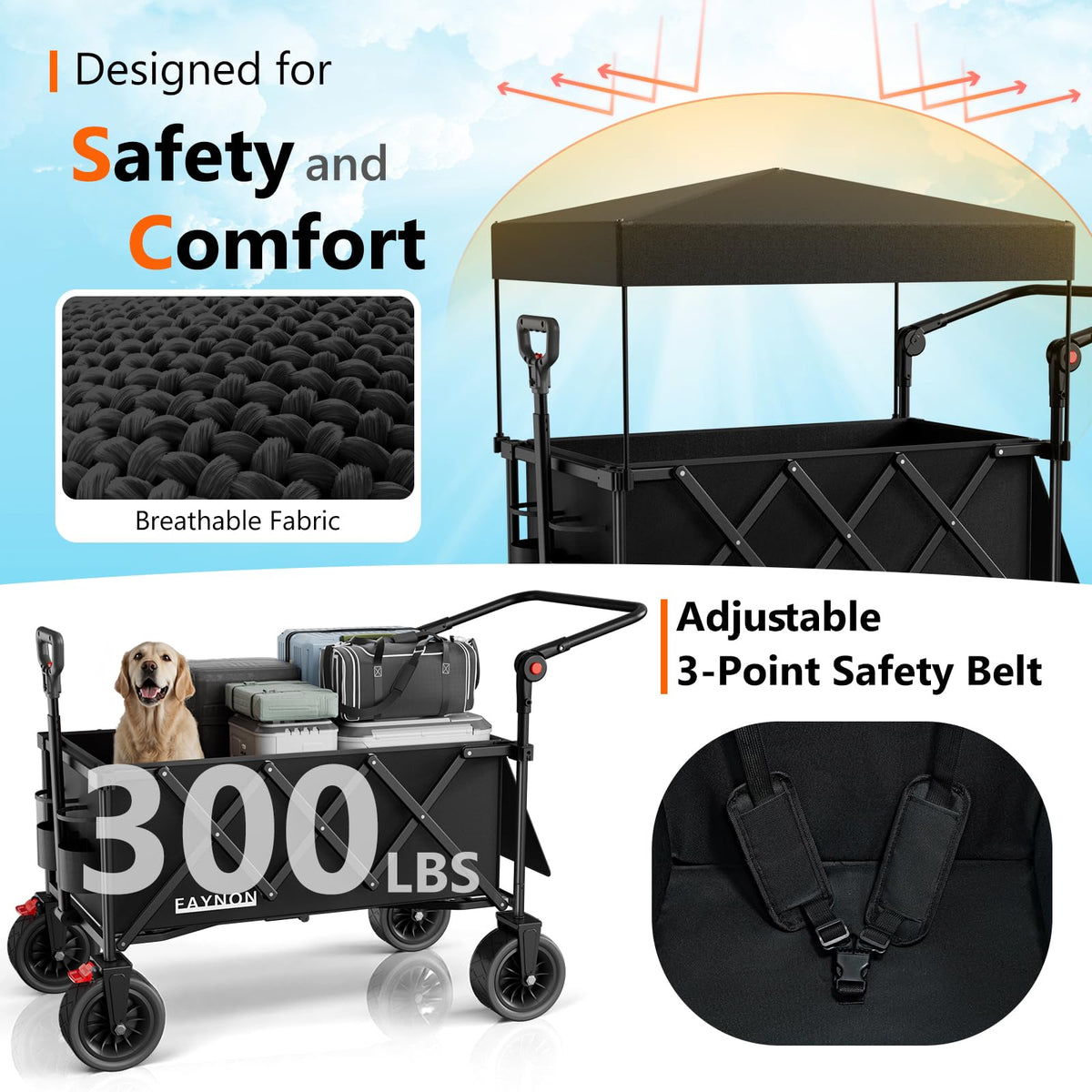 Collapsible Wagon with 300lbs Capacity, 150L Heavy Duty Utility Cart, Black X9308