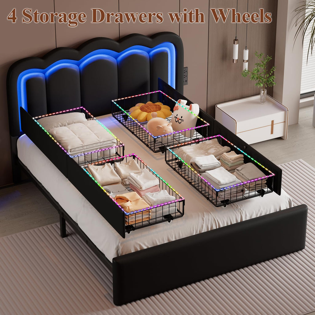 Full Size Bed Frame with LED Lights and Storage Drawers, Black T974