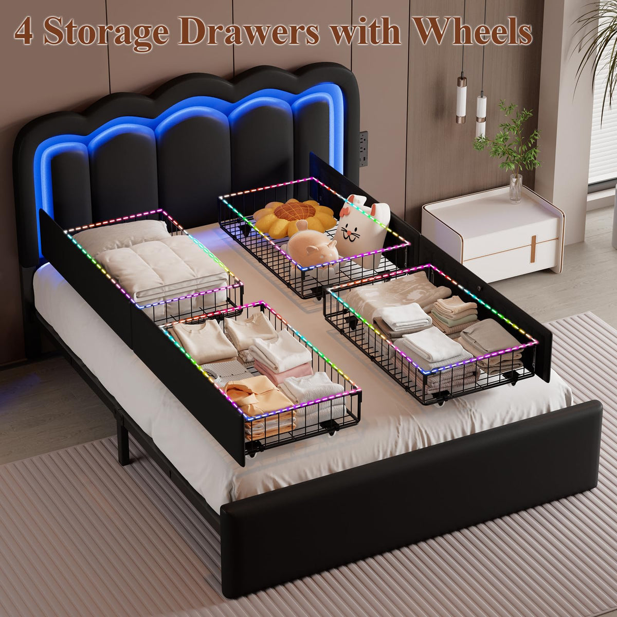 Full Size Bed Frame with LED Lights and Storage Drawers, Black T974