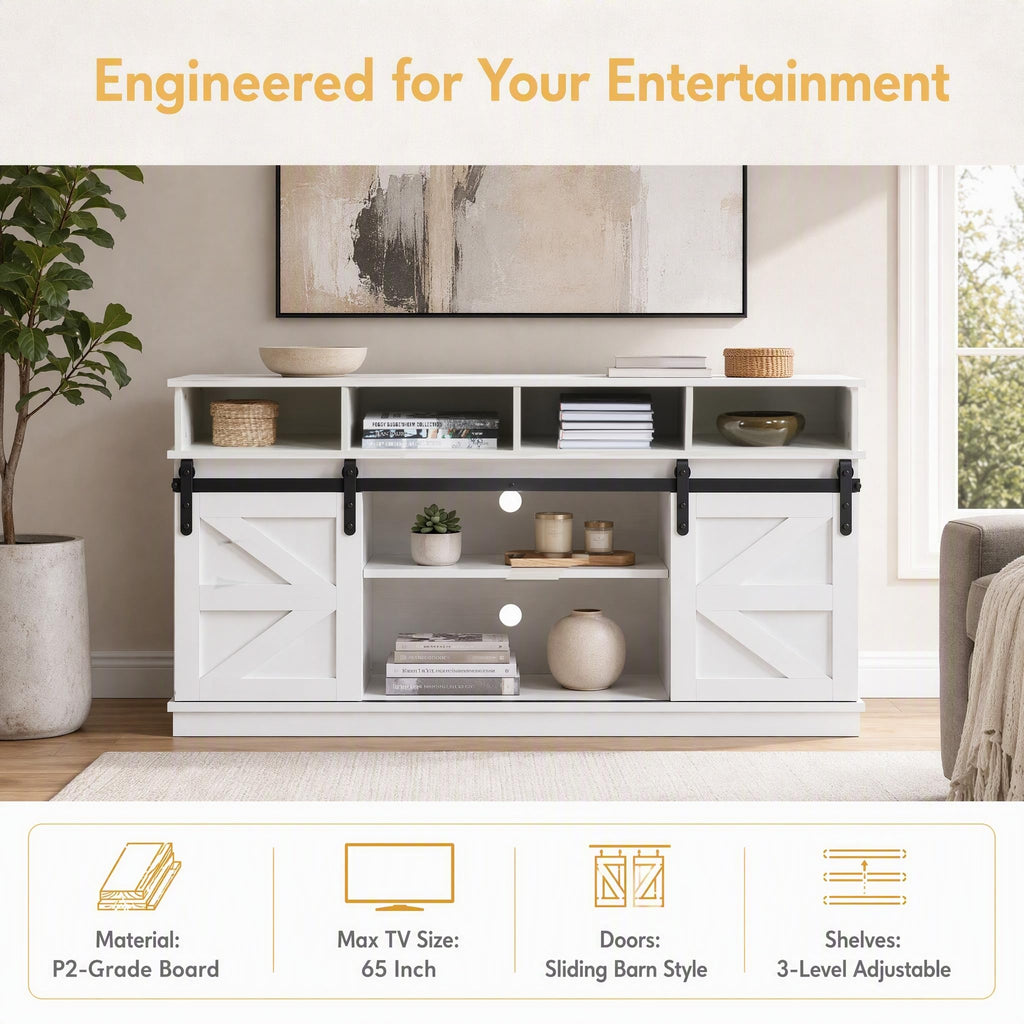 White Farmhouse TV Stand with Sliding Barn Doors C207819