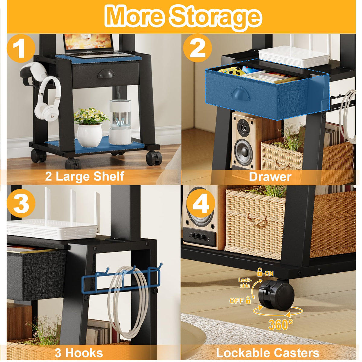 Rolling TV Stand with Storage for 23-60 Inch TVs, Height Adjustable Tilt Mobile TV Mount Cart with Drawer & 2 Shelves T9978