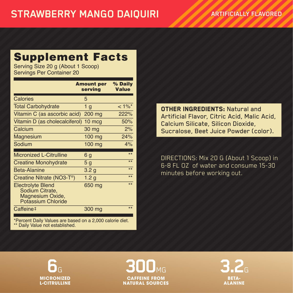 Pre Workout with Creatine Beta-Alanine L-Citrulline and Caffeine, Strawberry Mango Daiquiri, 20 Servings J508897