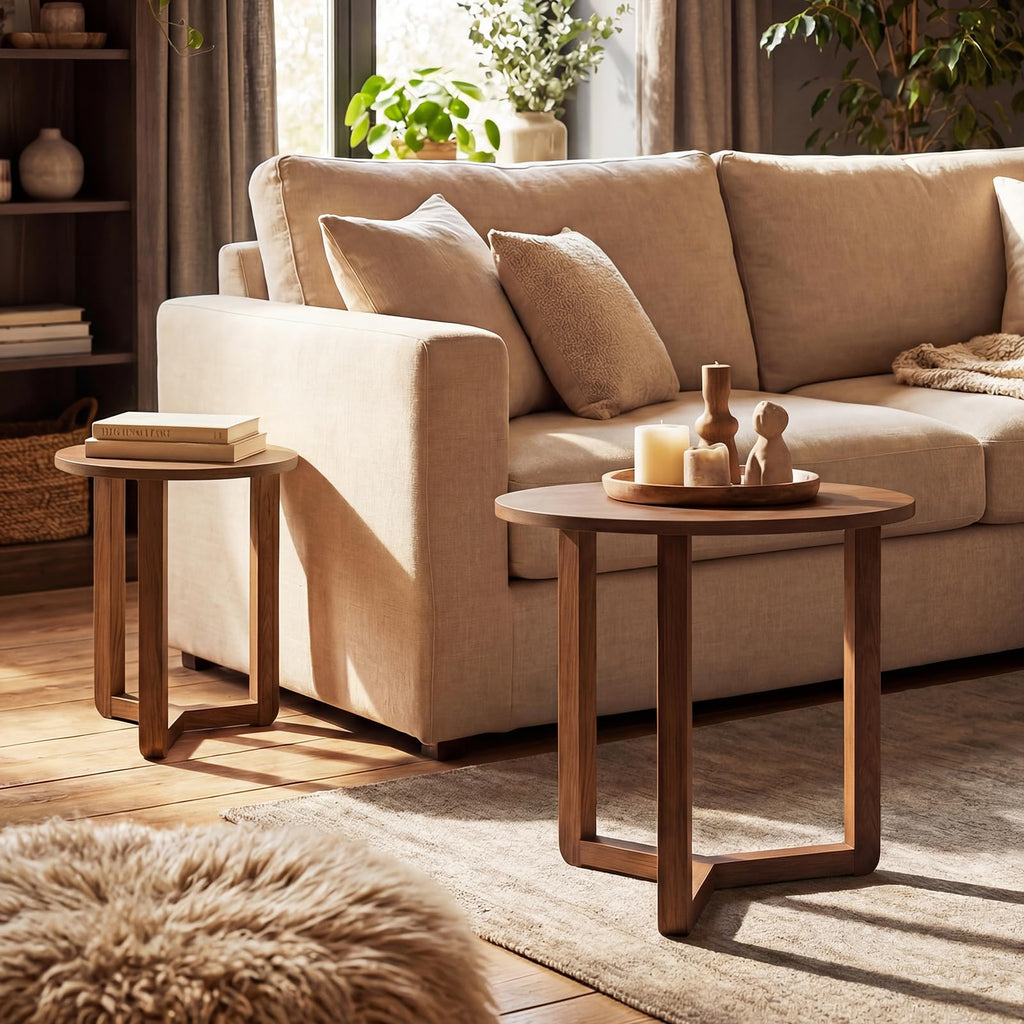Round Nesting Coffee Table Set of 2 Wood Walnut T79202