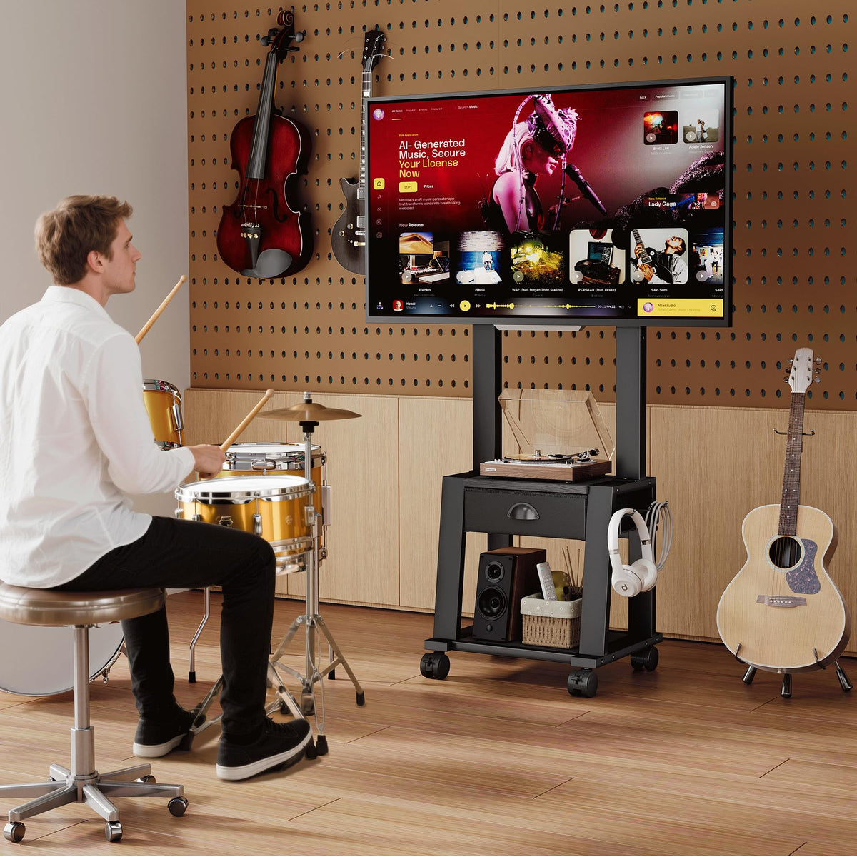 Rolling TV Stand with Storage for 23-60 Inch TVs, Height Adjustable Tilt Mobile TV Mount Cart with Drawer & 2 Shelves T9978