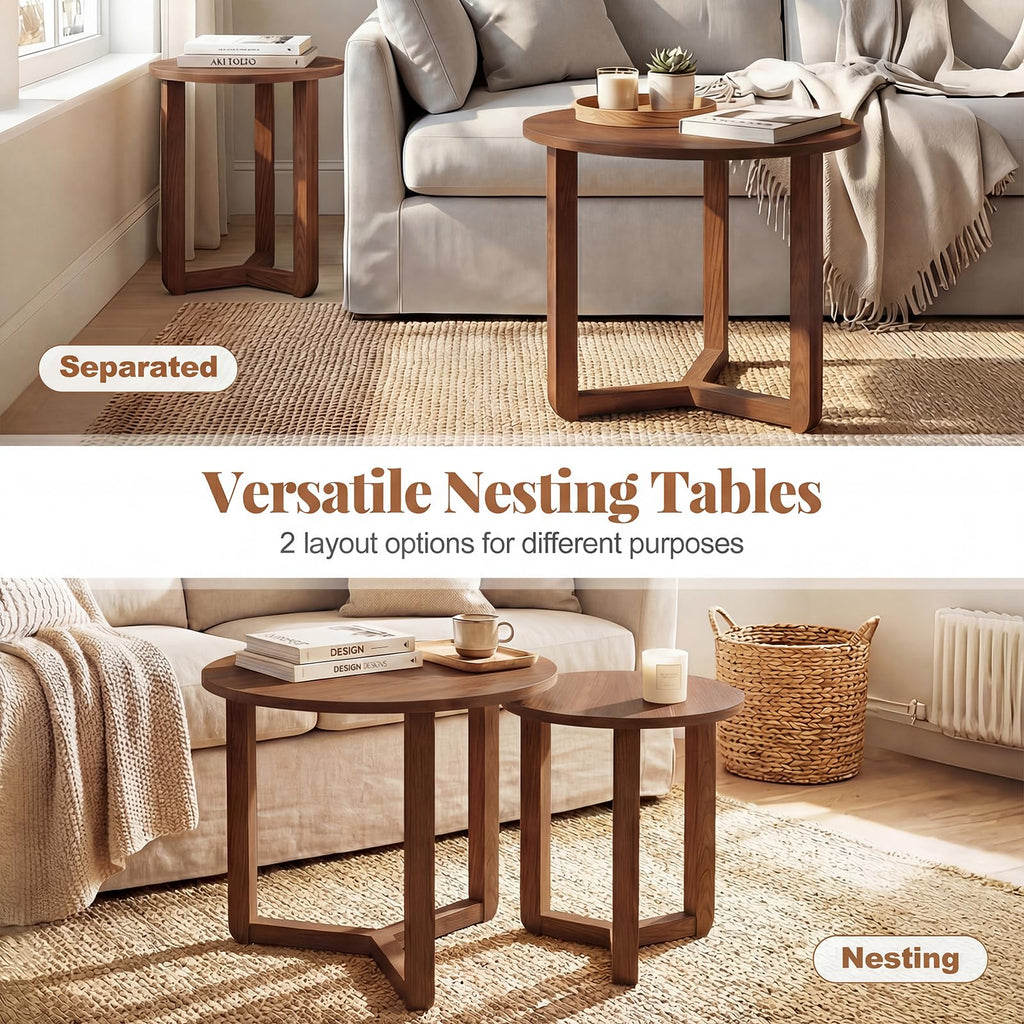 Round Nesting Coffee Table Set of 2 Wood Walnut T79202