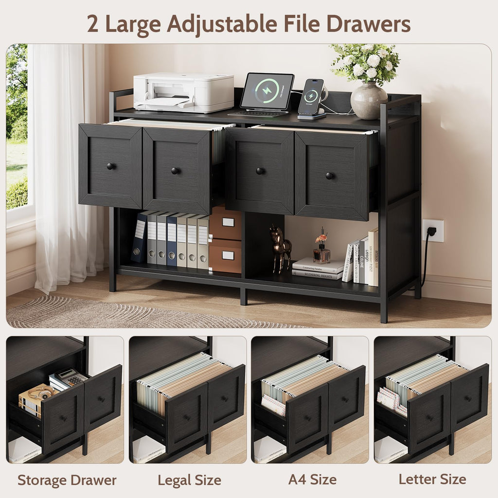 Black 2 Drawer Wood File Cabinet with Power Outlet O83916