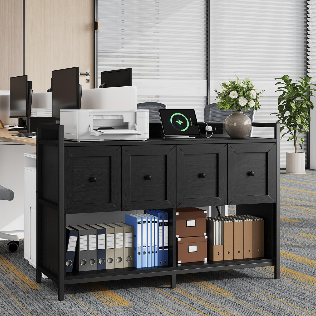Black 2 Drawer Wood File Cabinet with Power Outlet O83916