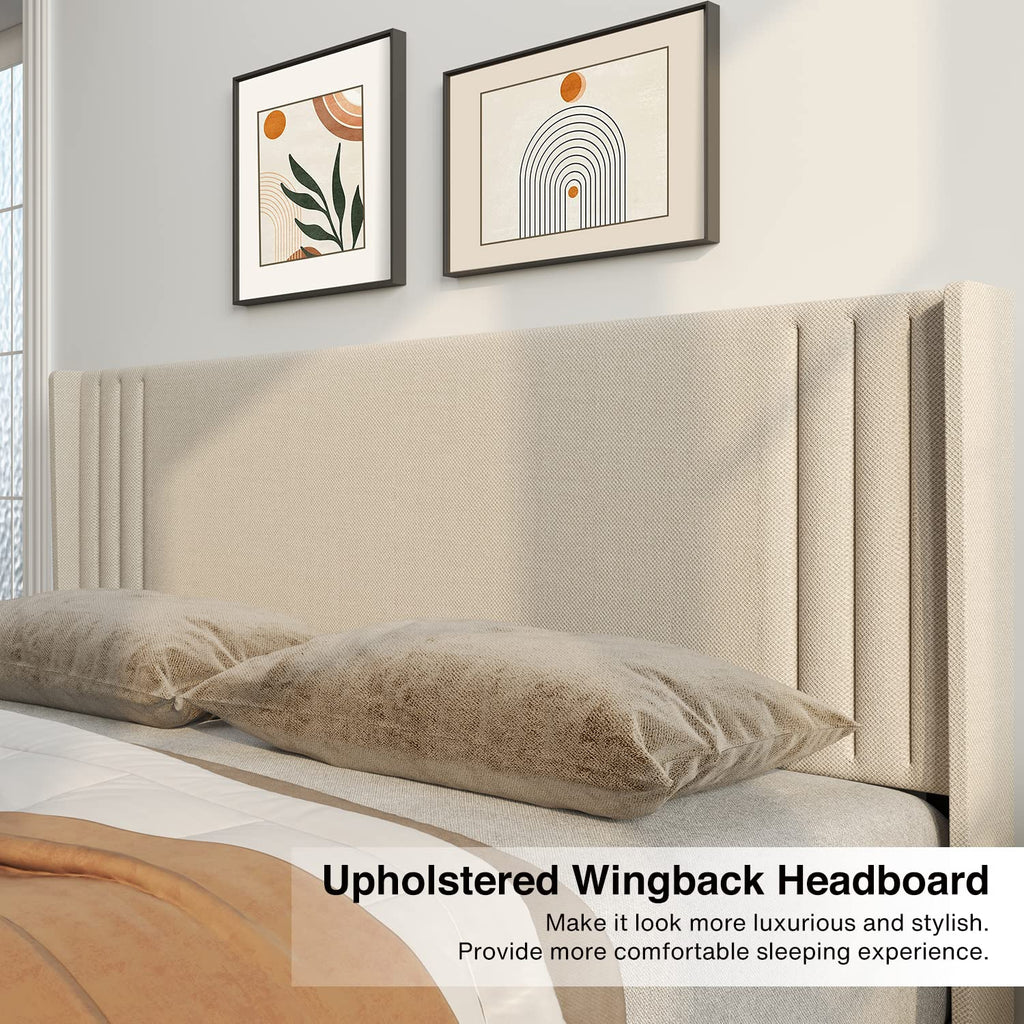Queen Upholstered Platform Bed with Wingback Headboard I18517