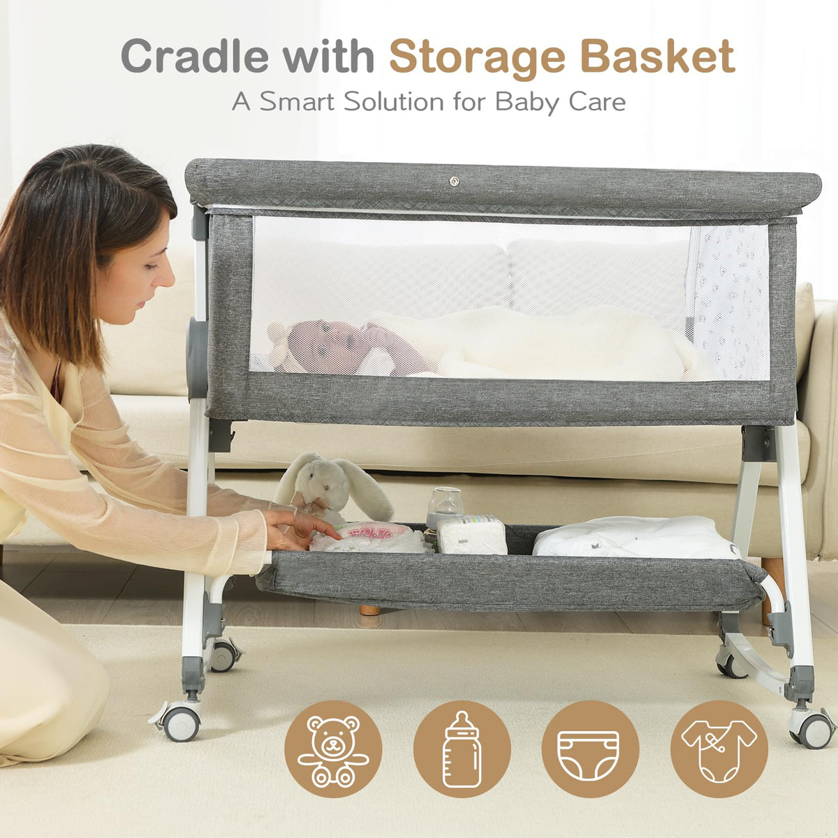 Portable Bedside Bassinet with Waterproof Mattress, Grey F475244