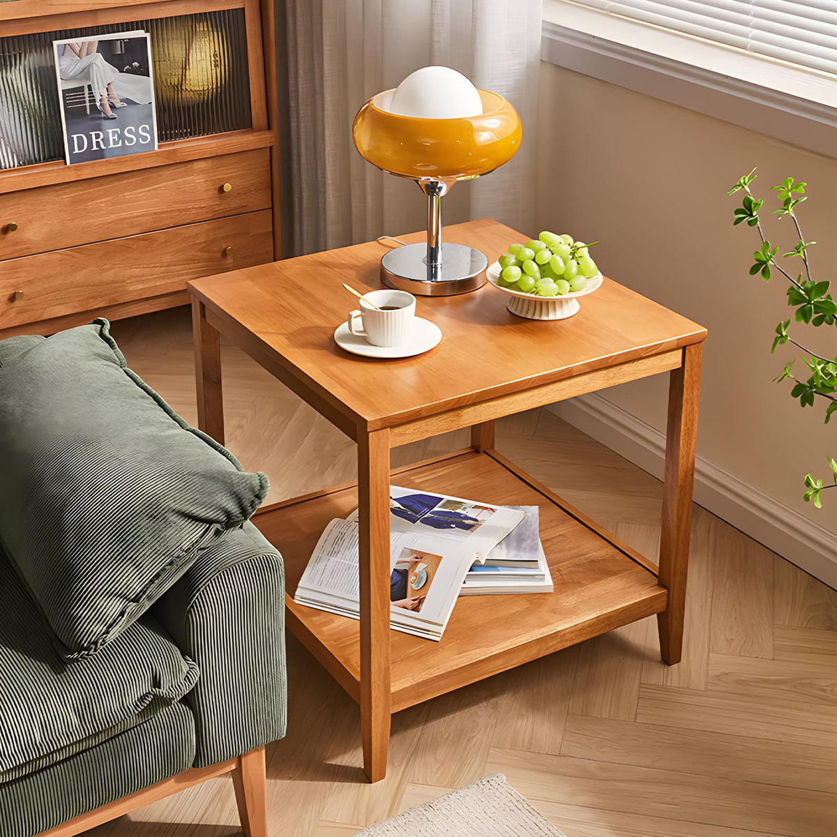 Solid Wood Square Side Table with Storage Shelf A811028