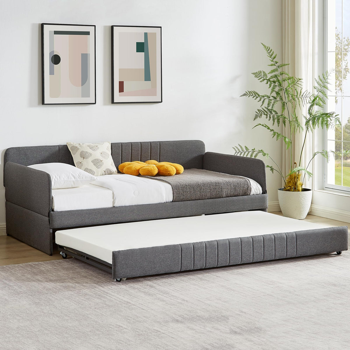 Twin Size Gray Linen Upholstered Daybed with Trundle H21470