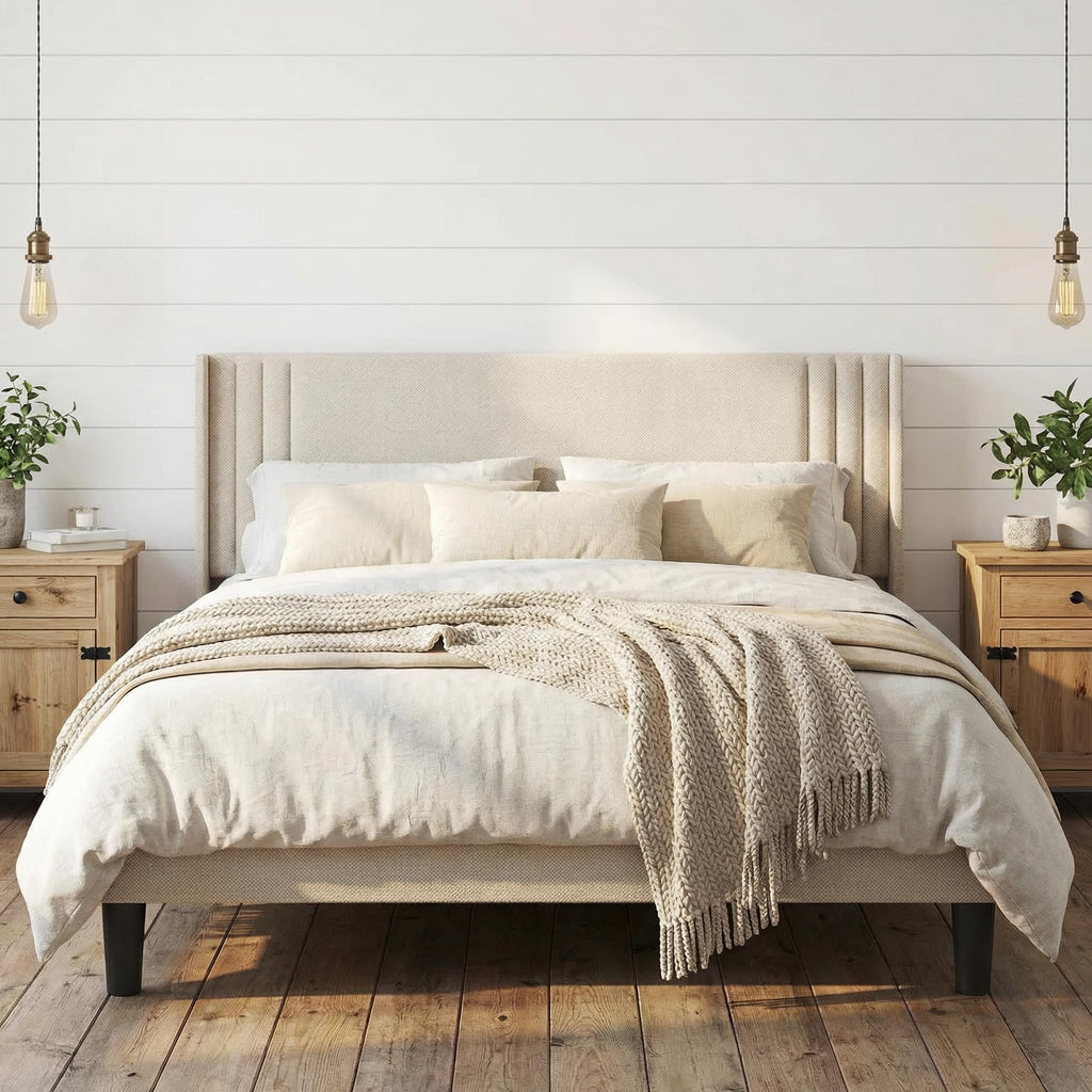 Queen Upholstered Platform Bed with Wingback Headboard I18517