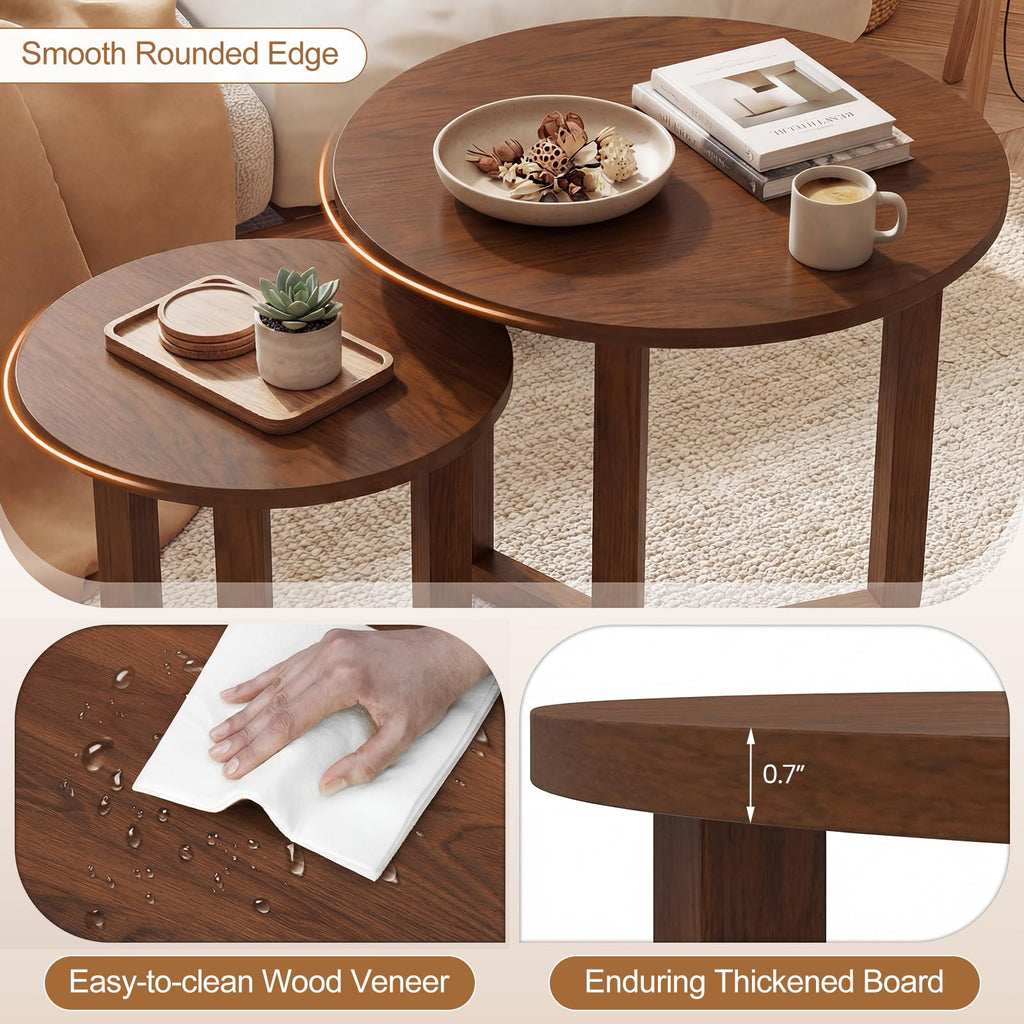 Round Nesting Coffee Table Set of 2 Wood Walnut T79202