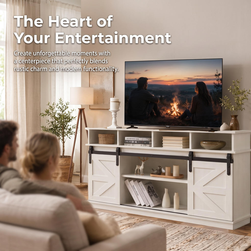 White Farmhouse TV Stand with Sliding Barn Doors C207819