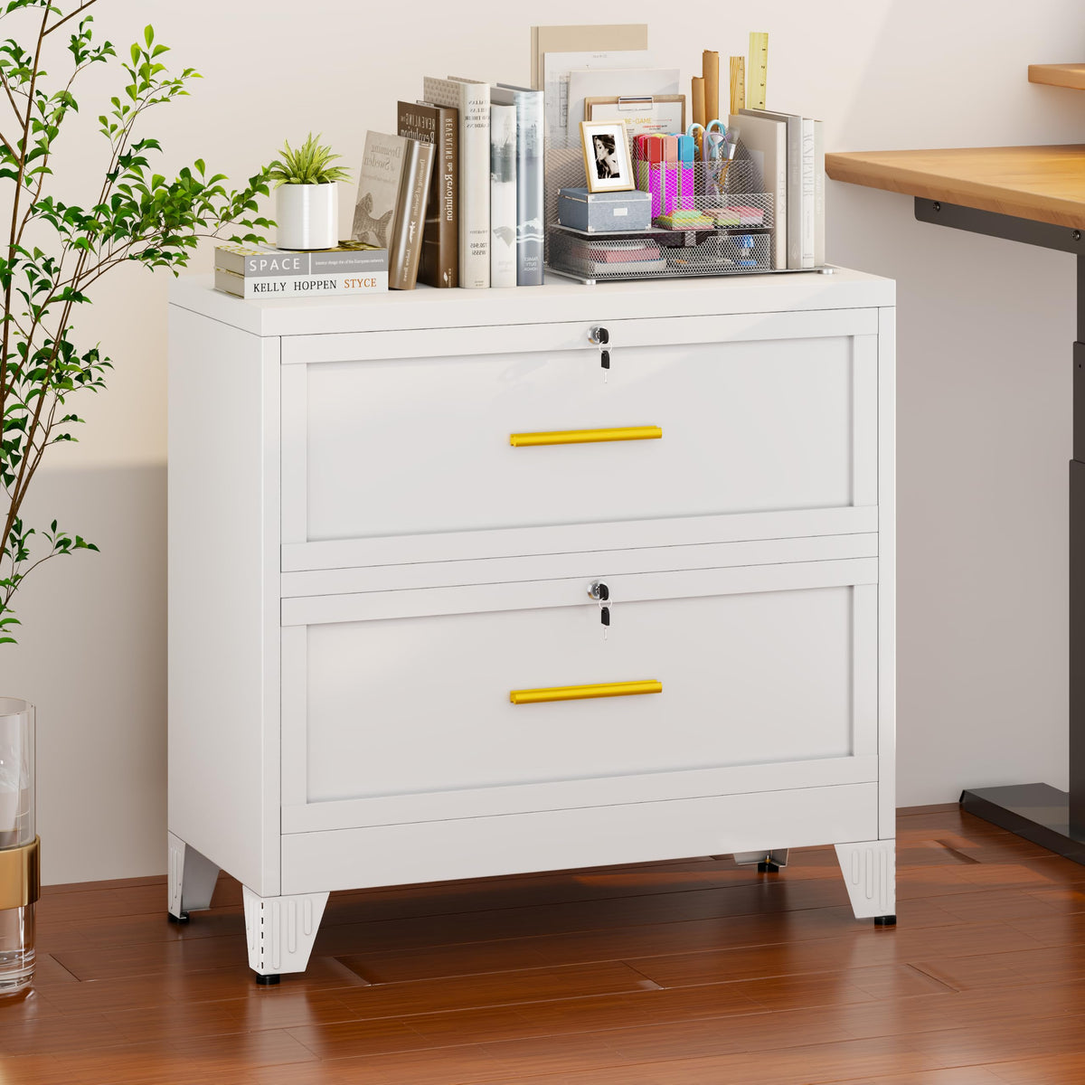 White 2 Drawer Metal Lateral File Cabinet with Lock Q2695