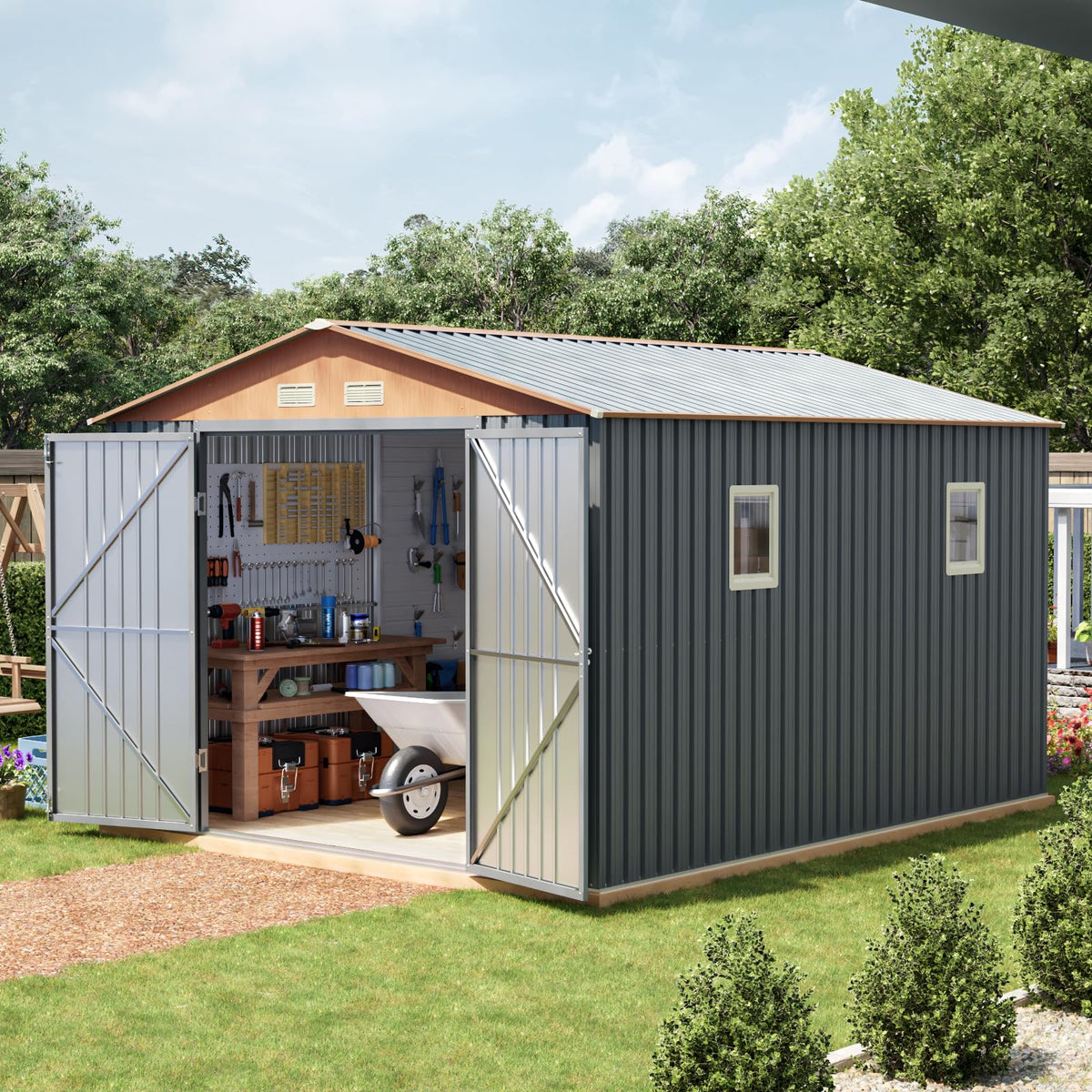 10x12x7.4FT Outdoor Storage Shed with Lockable Doors M6564
