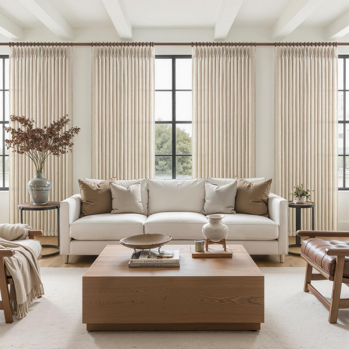 Natural Linen Pleated Curtains 86 Inches Long 50 Inch Wide 2 Panels Set D1979