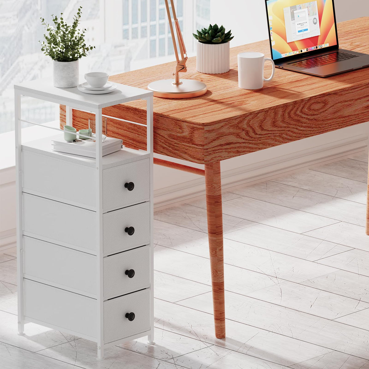 White Narrow Dresser with 4 Fabric Drawers W709