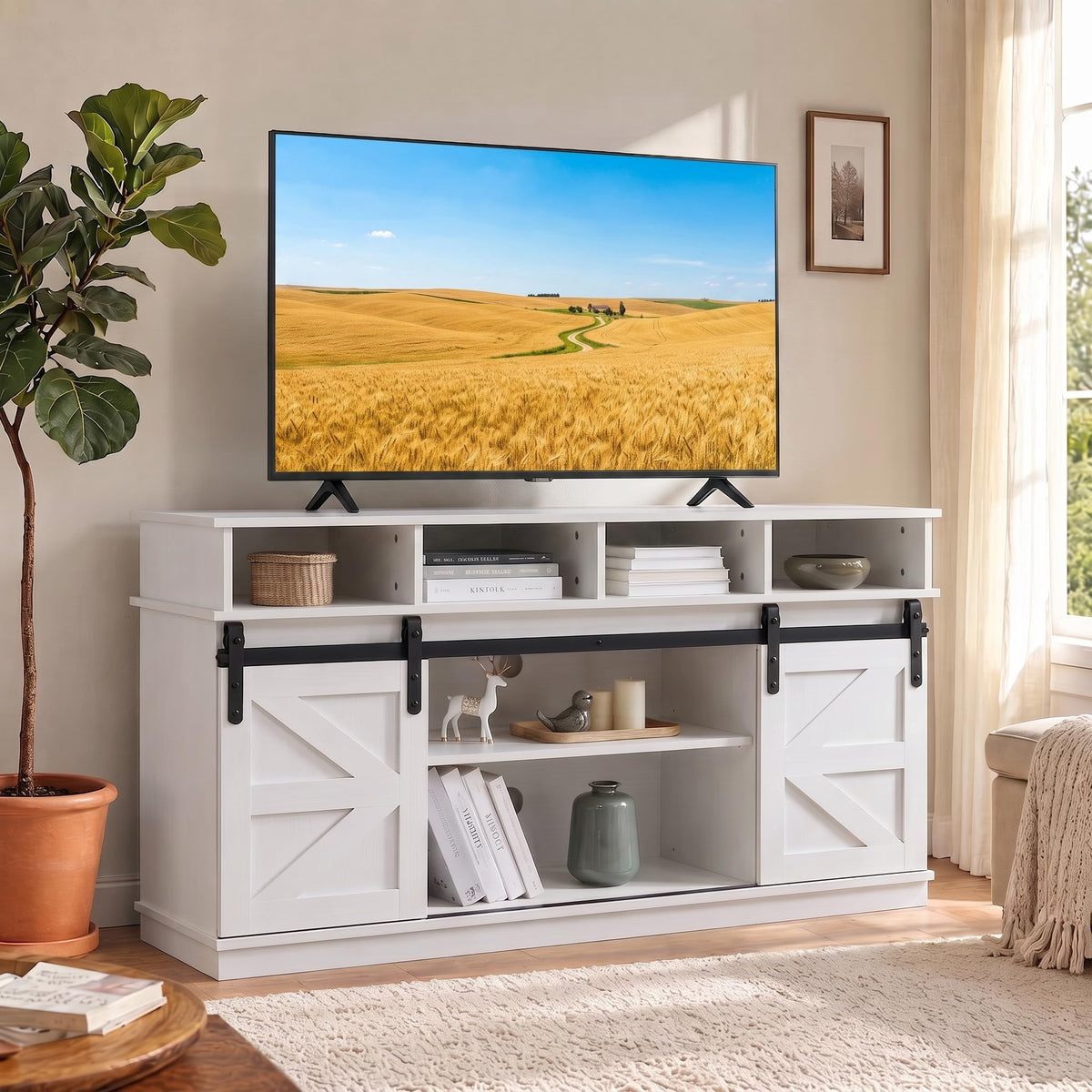 White Farmhouse TV Stand with Sliding Barn Doors C207819