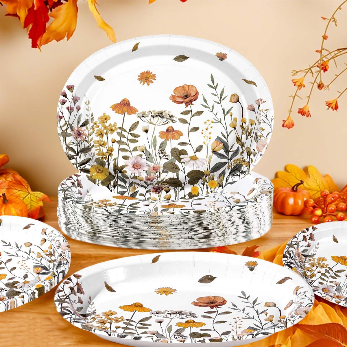 50Pcs Fall Oval Paper Plates 10" x 12" Heavy Duty Disposable Platters E3303