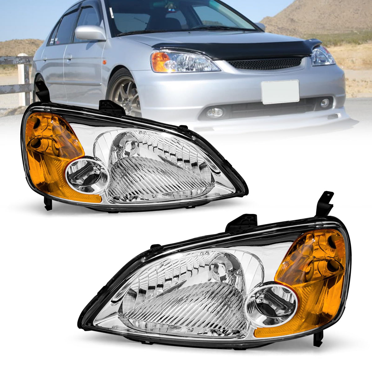 Headlight Assembly with Chrome Housing Amber Reflector Driver and Passenger Side E848