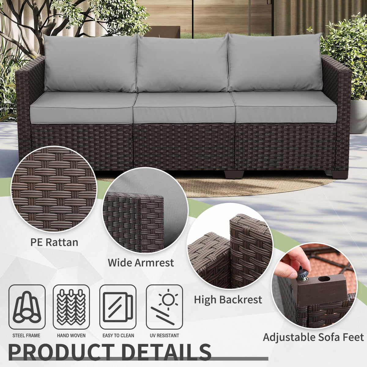 Brown Wicker 3-Seat Outdoor Sofa with Grey Cushion T876890