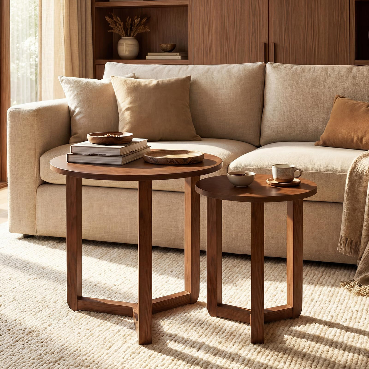 Round Nesting Coffee Table Set of 2 Wood Walnut T79202
