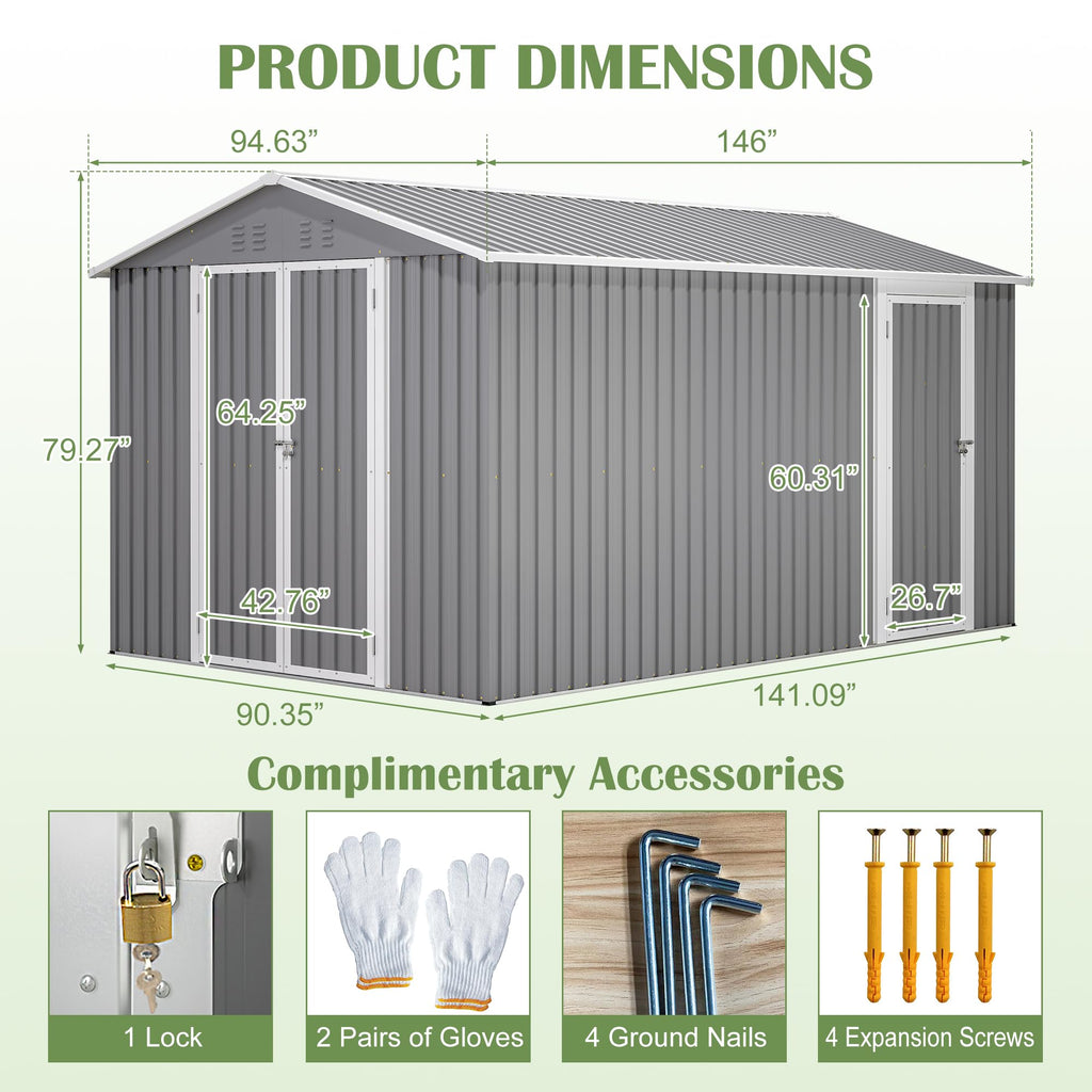 12x8 FT Galvanized Steel Storage Shed with Lockable Doors B7803
