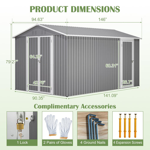 12x8 FT Galvanized Steel Storage Shed with Lockable Doors B7803