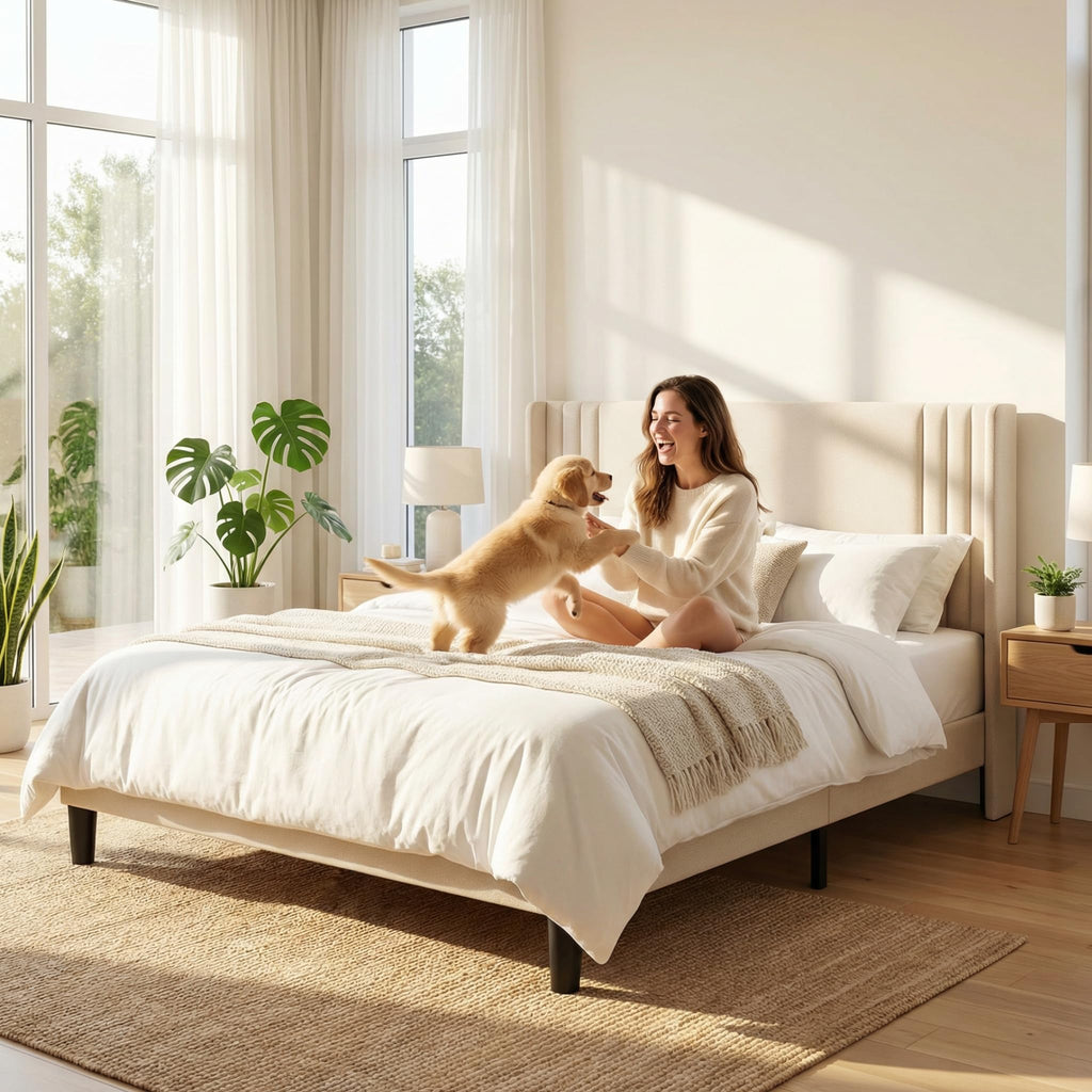 Queen Upholstered Platform Bed with Wingback Headboard I18517
